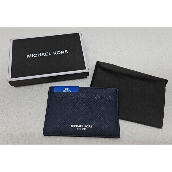 MK MICHAEL KORS Men's Jet Set Signature Navy Blue RFID Blocking Card Wallet New